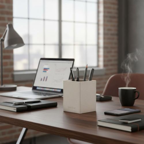 UnionBasic Square Pen Holder, Leather Pencil Cup, Desktop Caddy Stationery Organizer, Beige - Image 4
