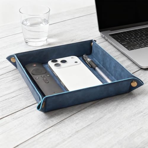 Valet Tray Desktop Storage Organizer – Premium PU Leather Catchall Bedside Vanity Tray Nightstand Caddy Holder for Remote Controller, Keys, Phone, Wallet, Coin, Jewelry,Blue - Image 6