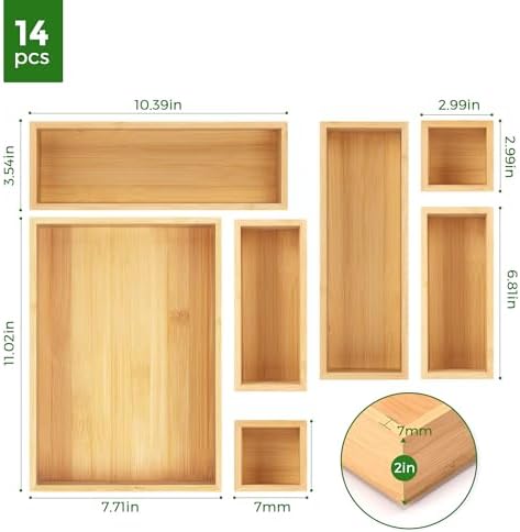 MapleGrace Bamboo Drawer Organizer Set, 14 PCS Wood Storage Organizers - Image 6