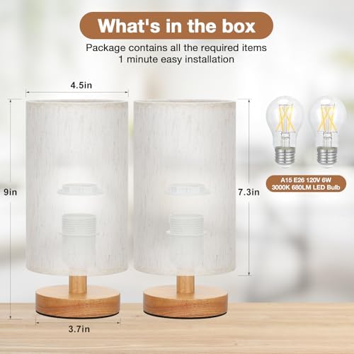 Fenmzee Small Lamps Set of 2 (Cream Shade - Wood Base, 9" Inline Control) - Image 2