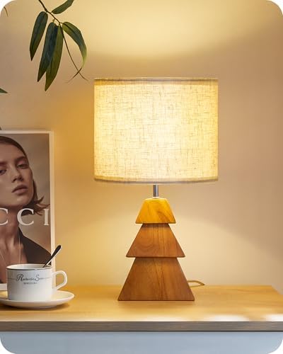 Wood Table Lamp, Wood Bedside Lamp with Tree-Shaped Base & Linen Lampshade, Modern Cute Desk Lamp for Living Room, Bedroom, E26 Base, Bulb Not Included, Beige and Dark Natural LE08TL05 by GOEBLESON