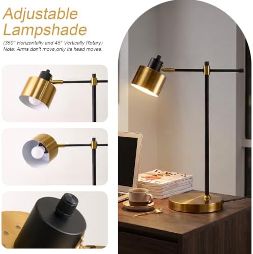 OYEARS 22.2" Modern Desk Lamp, Metal Table Lamp with LED Bulb, Adjustable Reading Lamps for Living Room, Mid Century Task Lamp for Home Office, Industrial Bedside Lamps with Solid Base,Black and Gold - Image 2