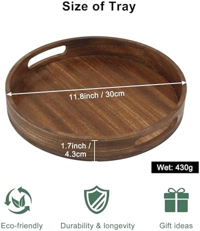 11.8" Round Wooden Decorative Tray with Handles,Wood - Image 3