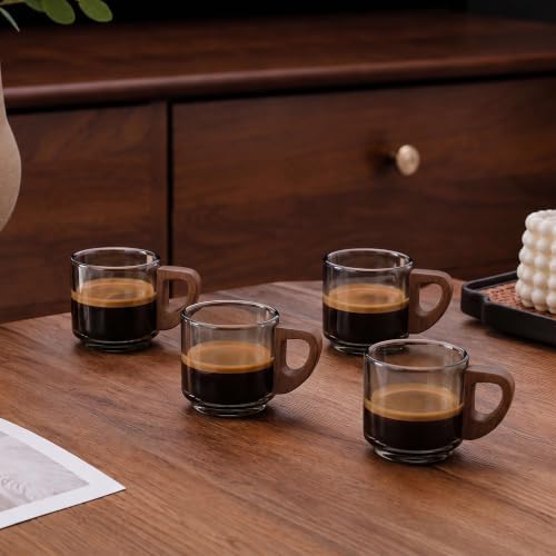 Artizan Handcrafted Glass Espresso Cup with Wooden Handle – 150 ml Small Espresso Cup, Transparent Glass Coffee Cup – Pack of 4 - Image 5