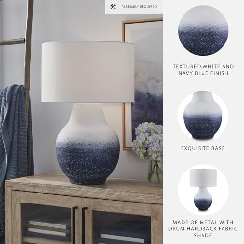 Signature Design by Ashley Dashland Coastal Table Lamp, 31 Inch Tall Statement Height, Textured Metal Base with Fabric Drum Shade, Large Living Room Lighting, White and Navy Blue Ombre - Image 3