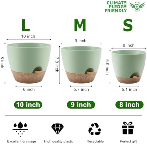 QRRICA Plant Pots 10/9/8 Inch Self Watering Pots, Set of 3 Plastic Planters with Drainage Holes and Saucers,Plastic Flower Pots,Nursery Planting Pot for Indoor Out Door Plants（Green） - Image 3