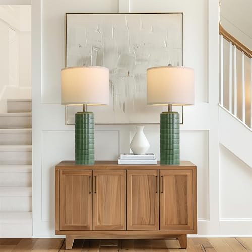 PoKat 27.5" Dark Green Ceramic Table Lamps for Living Room, Farmhouse Table Lamps Set of 2 for Bedroom Night Stands, Modern Bedside Lamps for End Side Table, Vintage Nightstand Decor Lamps Home Office - Image 3