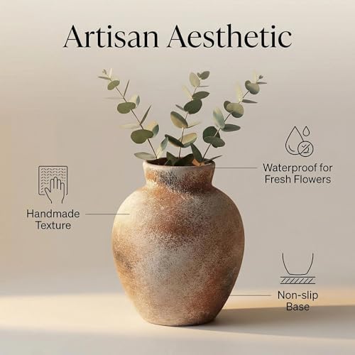 Rustic Terracotta Pot, Ceramic Flower Vase 6.1 Inch, Farmhouse Boho Centerpiece for Home Decor, Living Room, Table, Shelf, Mantel & Bathroom - Image 6