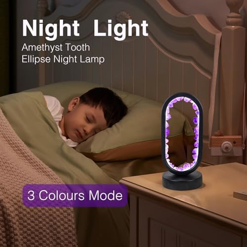 Runyangshi Crystal Lamp - Amethyst Tooth Ellipse Night Light with USB Port, 3 Colours Mode Table Lamp for Bedroom, Bedside, Office, Home Decor, Gift - Image 3