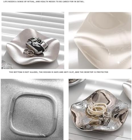 Jewelry Tray Ring Dish Ceramic Trinket Tray Key Tray Flower Wave Shape Birthday Party Wedding Home Decor for Entryway Table Livingroom dresser (Matter Silver) - Image 2