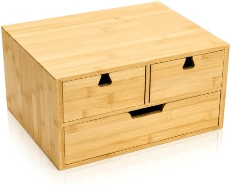 DEAYOU Bamboo Desk Organizer, 100% Natural Bamboo Desktop Drawer Organizer, Tabletop Storage Cabinet Organization Box with 3 Drawers for Home Office Supplies, Makeup, Letter, 2-Layer, Fully Assembled - Image 4