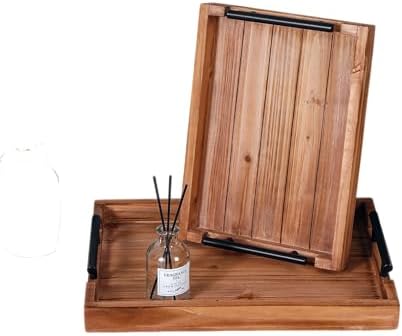 2Pc Nested Vintage Wooden Serving Tray Set, Coffee Table Ottoman Decor - Image 2