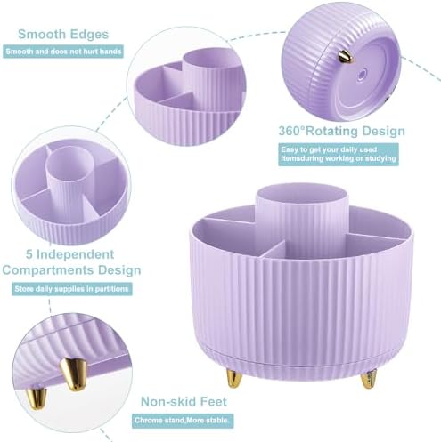 Cayxenful Pencil Holder For Desk,5 Slots 360°Degree Rotating Desk Organizers And Accessories,Desktop Storage Stationery Supplies Organizer, Cute Pencil Cup Pot For Office, School, Home (I-Purple) - Image 5