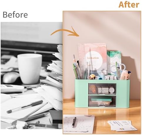 Marbrasse Pen Organizer with 2 Drawer, Multi-Functional Pencil Holder for Desk, Desk Organizers and Accessories with 5 Compartments + Drawer for Office Art Supplies (Green) - Image 7