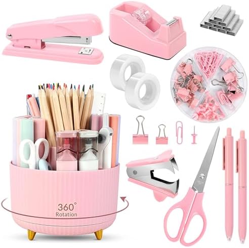 SKYDUE Pink Desk Accessories 11Pcs with Rotating Pen Holder for Desk by SKYDUE