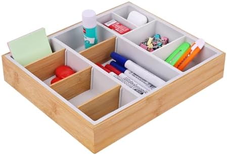 Bamboo Desk Drawer Organizer Tray, Silicone Sturdy Junk Drawer Organizer with 10 Adjustable Compartments, Desk Organizers and Accessories with 4 Removable Dividers for Office Home (White) by Hitseon