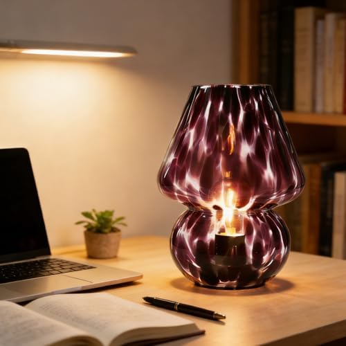AOMOONOA Glass Mushroom Lamp, Small Purple Mushroom Desk Lamp with LED Bulb - Image 2