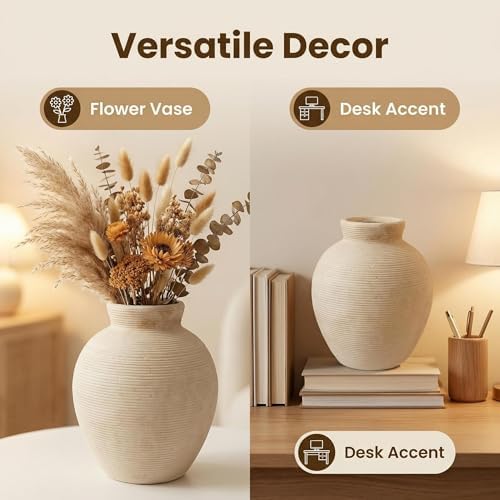 Retro Ceramic Vase, 7.5 Inch Farmhouse Rustic Pot, Vintage Table Centerpiece for Living Room, Dining Room Office Desk Bookshelf & Fireplace Decor - Image 3