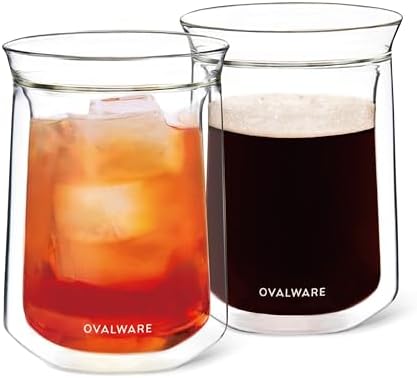ovalware Double Wall Single Lip Insulated Glass Cup, Set of 2 (12oz / 350ml) - Borosilicate Glass For Coffee, Tea, Whiskey, Cocktails & All Beverages - Minimalistic & Durable Double-Wall Drinking Mug by Ovalware