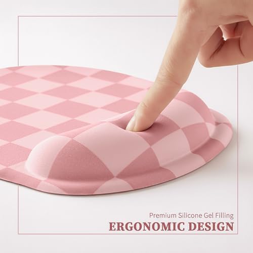 Ohocut Coral Pink Checkered Mouse Pad with Gel Wrist Rest, Wrist Support, Ergonomic Desk Accessories for Women, Office Laptop Gaming Decor, Cute Aesthetic Check Design - Image 5