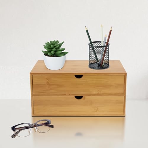 Small Desk Drawer Organizer, Bamboo Mini Desktop Drawer, Wood Tabletop Storage Organizer Box for Office Home Dormitory Toiletries Cosmetics Supplies, No Assembly Required (2 Drawers) by MARTEXBUY