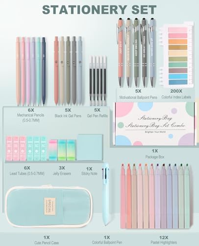 56 PCS Aesthetic School Supplies with Large Pencil Case, 5 Inspirational Ballpoint Pens, 12 Pastel Highlighters, 5 Black Ink Gel Pens, 6 Mechanical Pencils 0.5-0.7mm College Student Essentials (Blue) - Image 2