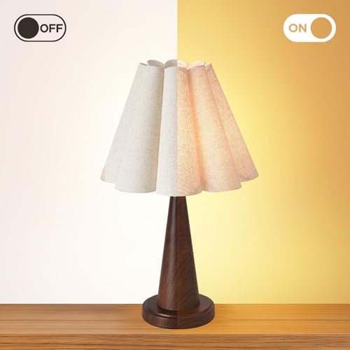 Modern Table Lamp with Petal Linen Lampshade, Dark Faux Wood Metal Base – 20.5” Bedside Nightstand Lamp for Bedroom, Living Room, Office, E26 Base, Max 60W (Bulb Not Included) - Image 6