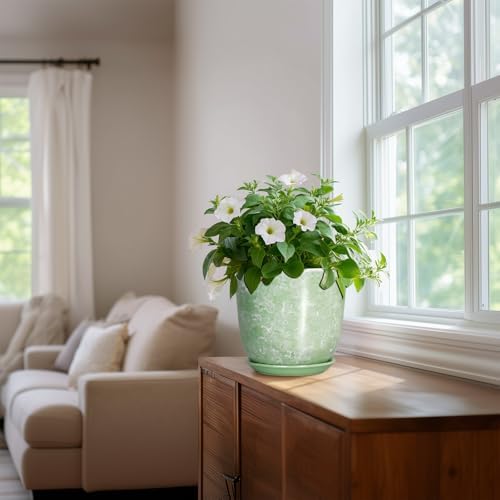 Ceramic Planter - 8 Inch Plant Pot for Indoor Outdoor, Round Flower Pots with Drainage Hole and Saucer, Modern Decorative Planters, Home Office Desk Decor, Gifts for Plant Lovers, Green - Image 6