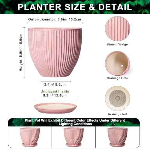 6 Inch Flower Pots, Ceramic Pots for Plants Indoor, Modern Plant Pot with Drainage Hole and Saucer, Decorative Small Round Succulent Planter, Living Room Office Decor, Women Men Gifts, Pink - Image 2