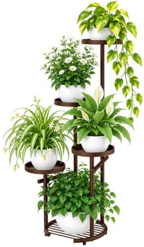 TOSKING Tall 5-Tier Round Metal Corner Plant Stand Indoor, Anti-Tip, Brown by TOSKINGESSENCE