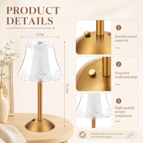 Liliful 2 Pcs Cordless Table Lamp LED Touch, Gold, Floral Lace Style - Image 2
