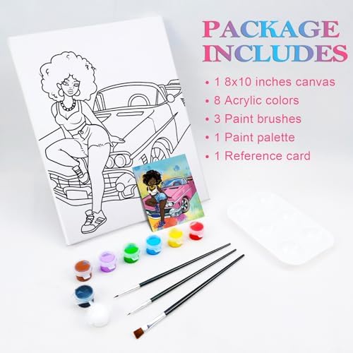 Nuberlic Canvas Painting Kit Pre Drawn Canvas for Painting Cool Lady Afro Girl with Car Painting Kit DIY Adult Sip and Paint Party Girl Night Favor 8x10 inches - Image 5