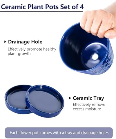 EFISPSS Ceramic Plant Pots, 5Inch Pots for Indoor Plants, Planters with Drainage Holes and Ceramic Tray,Plant Lover Gift, Desktop Office Windowsill Decoration Gift Set of 4 - Blue - Image 4