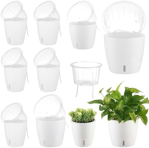 Self-Watering Pots for Indoor Plants, 8-Pack Self Watering Planter with Drainage Holes, Small African Violet Pots with Water Indicator, 5 Packs 5''/3 Pack 6.7'' Orchid Pot, White by KvyusFlourish
