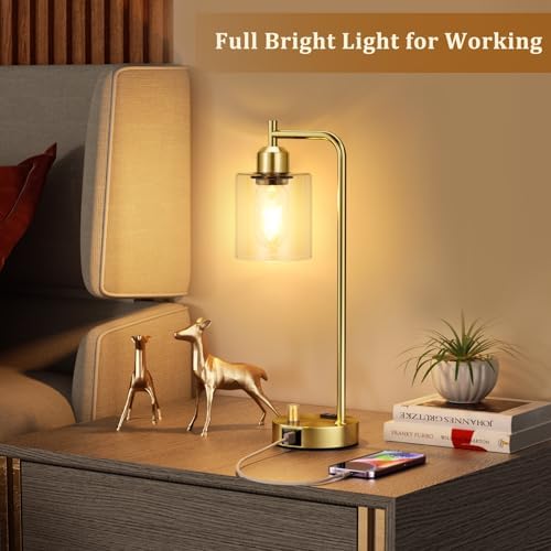Innqoo Gold Table Lamp for Bedroom - Industrial Bedside Lamp with USB Port and Outlet, Fully Dimmable Nightstand Lamp with Clear Glass Shade, Small Desk Lamps for Home Office - Image 5