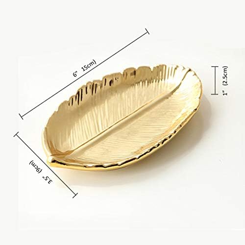 Lependor Golden Leaf Shaped Small Ceramic Jewelry Ring Dish Necklace Bracelet Holder Tray Organizer, Ceramic Decorative Trinket Dish for Wedding Party Woman Girl -Small Gold Leaf - Image 6