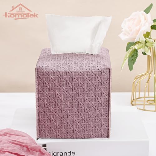 HOMOTEK 1 Pack Tissue Box Cover, Square PU Leather Tissue Holder, Decorative Facial Tissue Cube Paper Organizer Dispenser for Bathroom, Night Stands, Desk, Car 5X5X5'' - Rattan Weave, Plum Red - Image 4