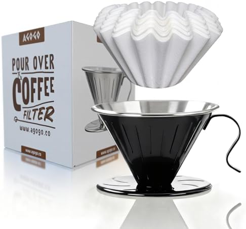 AGOGO Stainless Steel V60 Coffee Dripper & 50 Paper Filters, Black by AGOGOOfficial