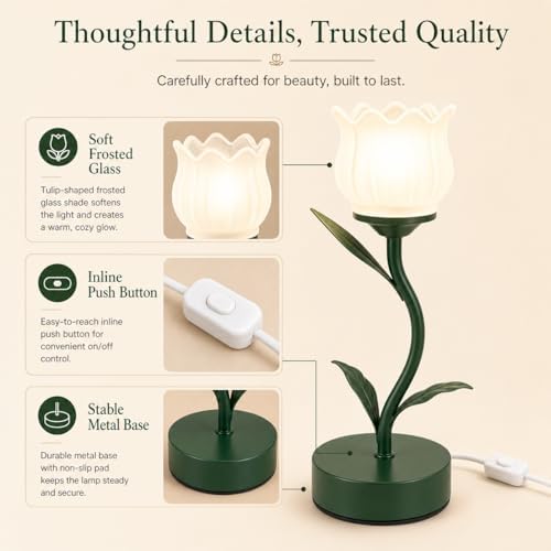 Tulip Lamp for Bedroom, Cute Flower Table Lamp with G9 LED Bulb, 3 Color Temperature Bedside Lamp, Vintage Kawaii Desk Lamp for Nightstand Living Room, Green - Image 7
