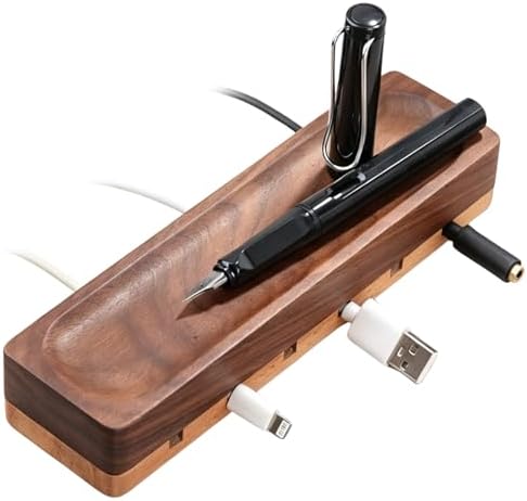 Magnetic Cord Holder with 6 Slots - Walnut & Beech Wood Cable Organizer for Lightning, USB, USB-C, Stick-on Design for Desk, Under Desk, Nightstand by Seedwave