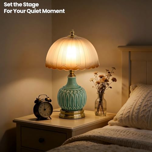 Vintage Green Ceramic Small Table Lamp with Amber Glass Shade - Image 4