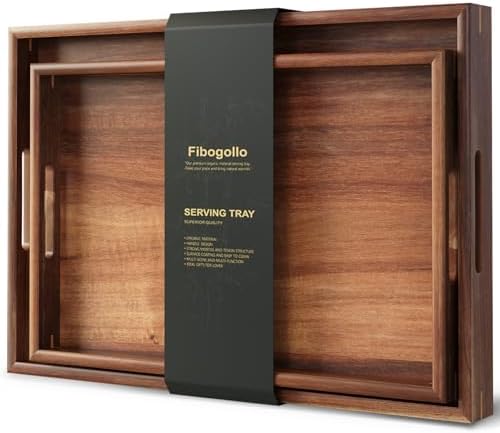Fibogollo Set of 2 Acacia Wood Serving Tray with Handles by Fibogollo