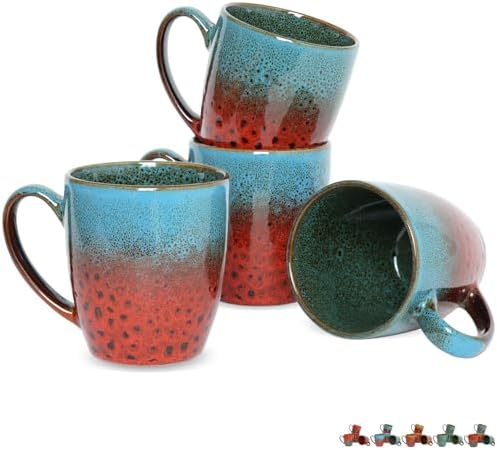 Bosmarlin Ceramic Coffee Mug Set of 4, 17 Oz, Coffee Cups with Big Handle, Microwave Safe, Unique Reactive Glaze (Blue&Red) by Bosmarlin