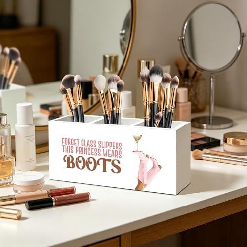 Pink Western Cowgirl Boots Makeup Brush Toothbrush Holder for Girls Bathroom Room Dorm, Cowgirl Horse Girl Gifts Wood Signs Pen Pencil Holder Organizer Office Desk Accessories - Image 3