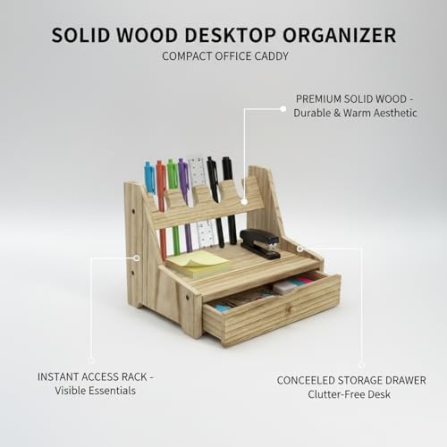 Solid Wood Desktop Organizer with Drawer, Compact Office Desk Caddy for Pens and Small Accessories, Space-Saving Display Rack for Home Workspace (1 PC) - Image 5