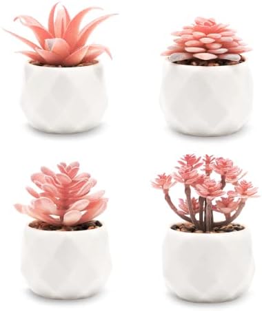 VIVERIE Mini Faux Succulents Plants Artificial in Pots-Rose Pink Desk Accessories, Small Fake Succulents Plants for Home Decor Indoor for Women, White Ceramic, Set of 4 by VIVERIE