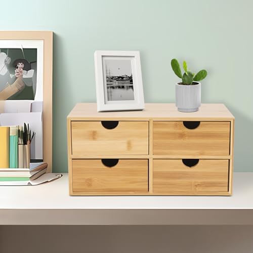 Bamboo Desk Organizer, Wood Desktop Storage Box for Office Supplies, Cosmetics, Stationery, No Assembly Desktop Organizers and Accessories for Home, Office, Study Table (4 Drawers) - Image 3