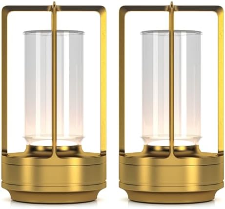 Portable Metal Table Lamp for Indoor/Outdoor ,Rechargeable Cordless LED Lamp, 3-Colour Infinitely Dimming Battery Powered Small Desk Lamp, Restaurant/Bedroom/Bar/Coffee/Camping Light (Gold Set of 2) by HAPYGILightings