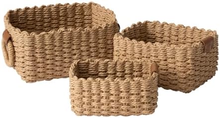 La Jolie Maison Small Sand Wicker Baskets Set of 3, Paper Rope Storage Baskets with Handle, Small Woven Baskets for Organizing, Decorative Cute Baskets for Gifts by LaJolieMaison