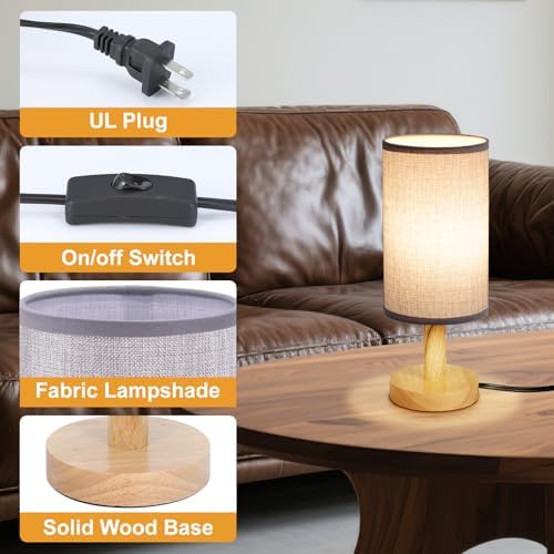 Gray Small Bedside Table Lamp for Bedroom,Natural Round Wood Base&Fabric Linen Shade,Cozy Night Table Light for Study Reading,Minimalist Boho Desk Lamp for Nightstand,Living Room,Nursery,Kitchen,Dorm - Image 5